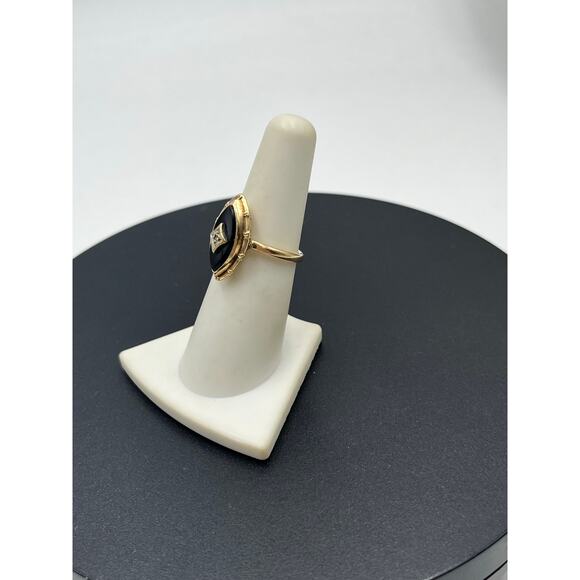 Vintage Designer Art Deco 10k Yellow Gold 3.5 grams Marquise Black Onyx Ring 6.5 - Picture 3 of 9